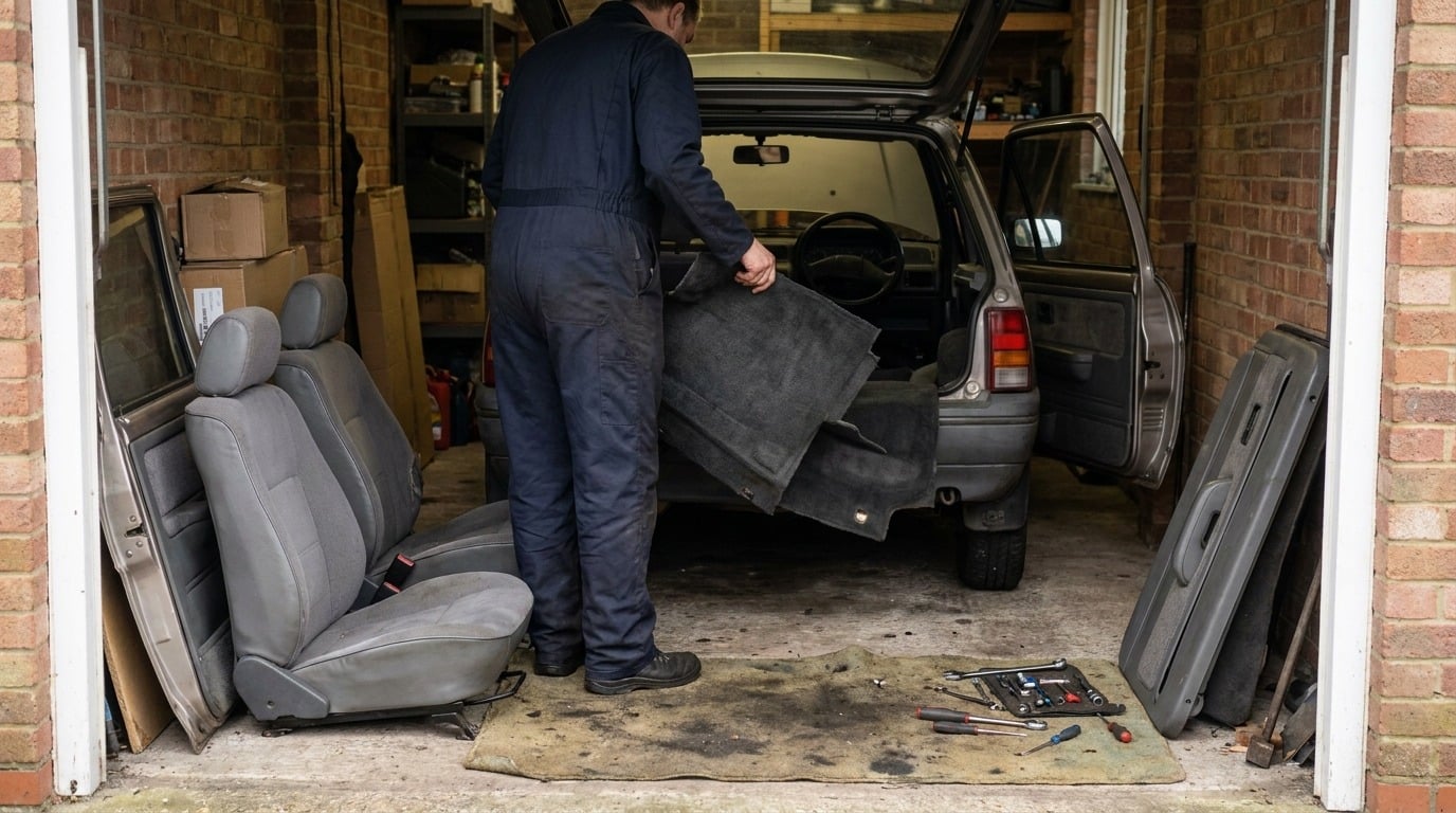 Carpets and seats being removed from a hatchback before a roll cage install