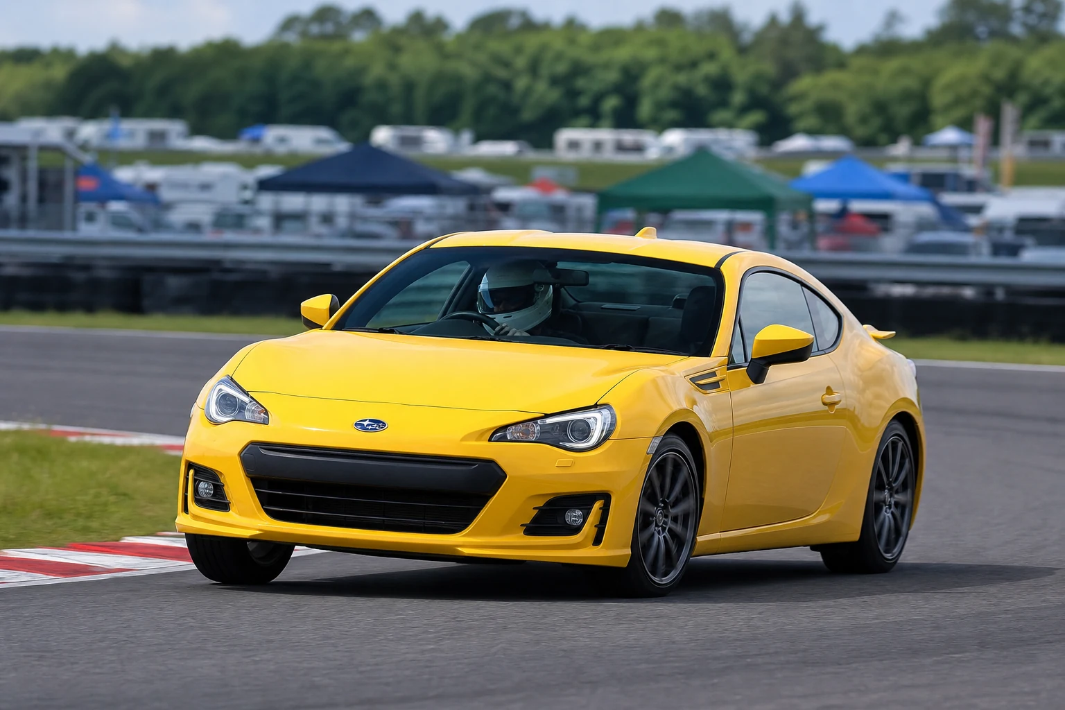 Subaru BRZ on track with a helmeted driver