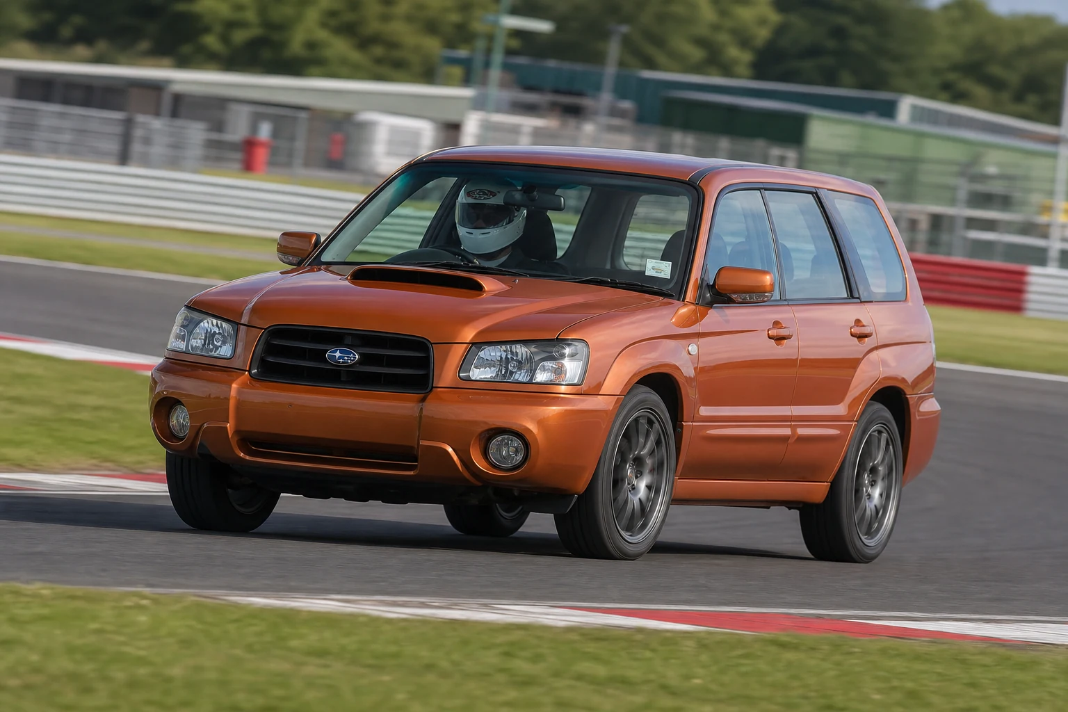 Subaru Forester on track with a helmeted driver