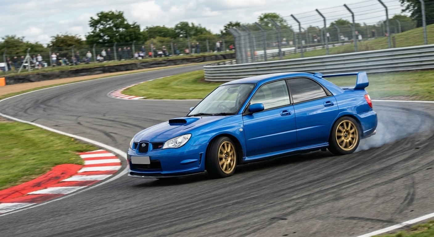 Blue Subaru Impreza WRX STI saloon cornering on a British race circuit
