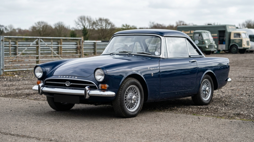 A dark blue Sunbeam Tiger roadster with its hard top fitted, parked at a circuit paddock