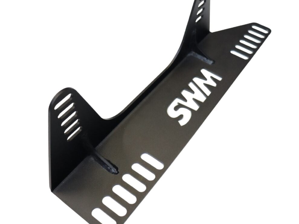 SW Motorsports BMW E46 direct fit seat side mount bracket showing the slotted floor foot