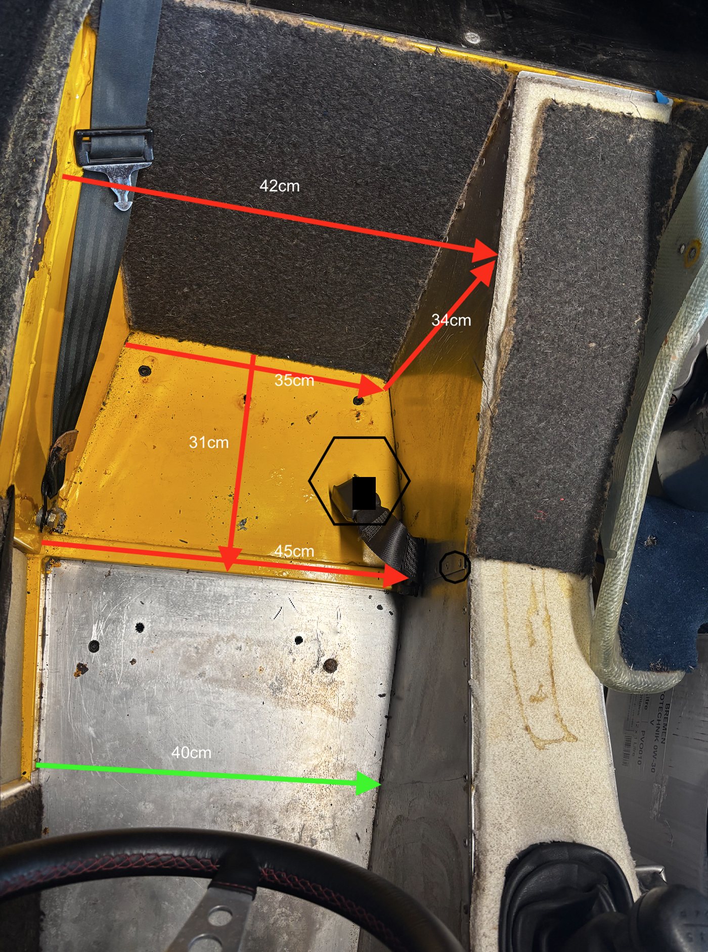 Sylva Fury cockpit photographed from above with the owner tape measurements marked on it