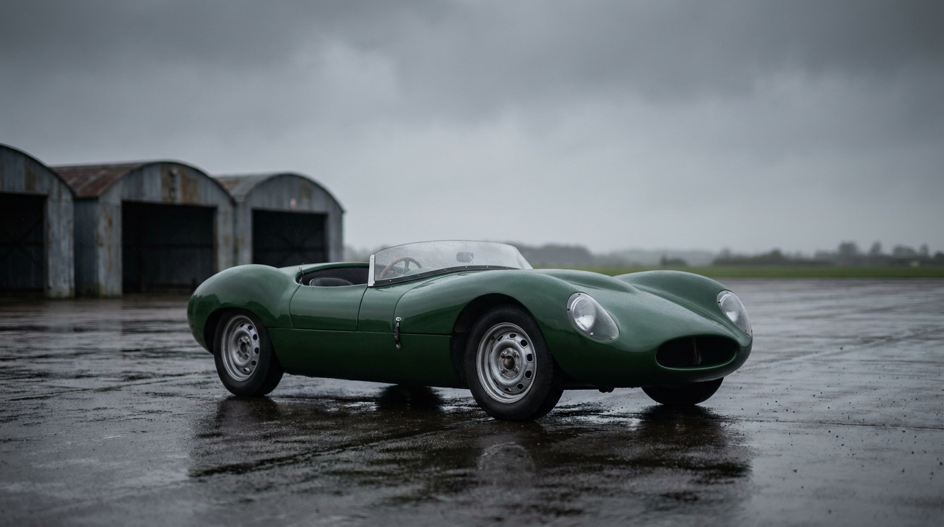 A low green kit car roadster parked on a damp airfield in overcast weather
