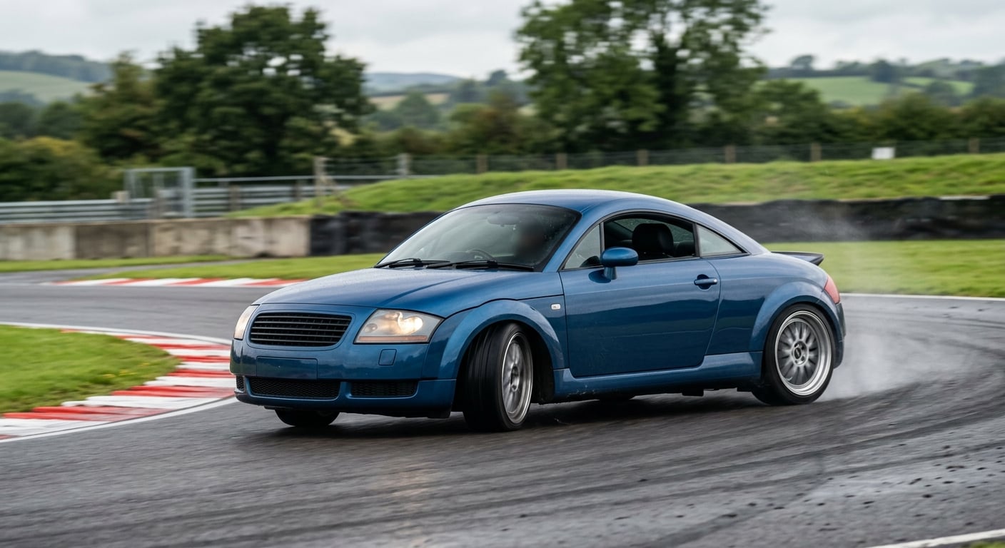 Deep blue Audi TT Mk1 coupe cornering on a British race circuit