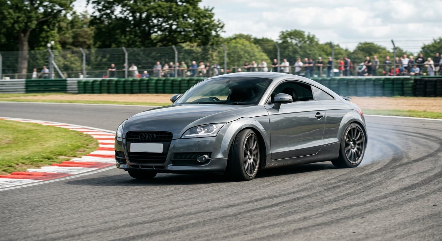 Grey Audi TT Mk2 coupe cornering on a British race circuit