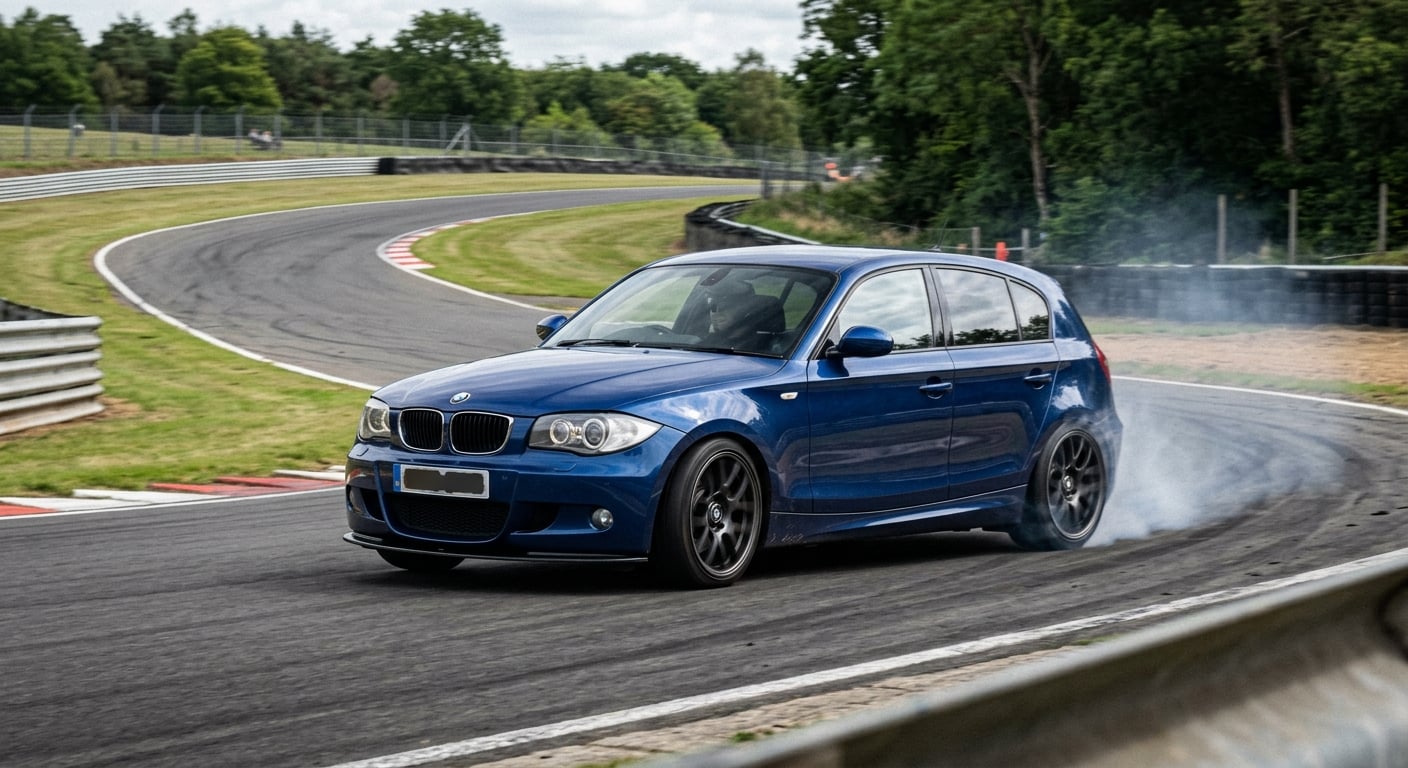 Blue BMW 1-Series E87 hatchback cornering on a British race circuit