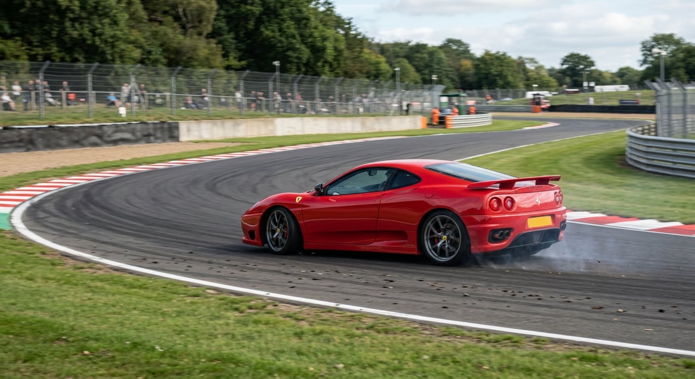 Red Ferrari 360 Modena cornering on a British race circuit