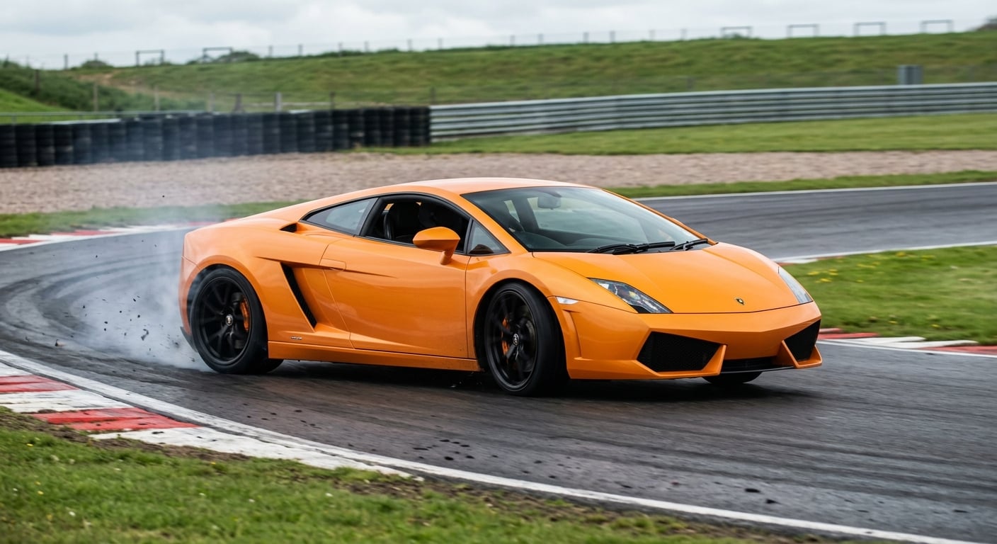 Orange Lamborghini Gallardo cornering on a British race circuit