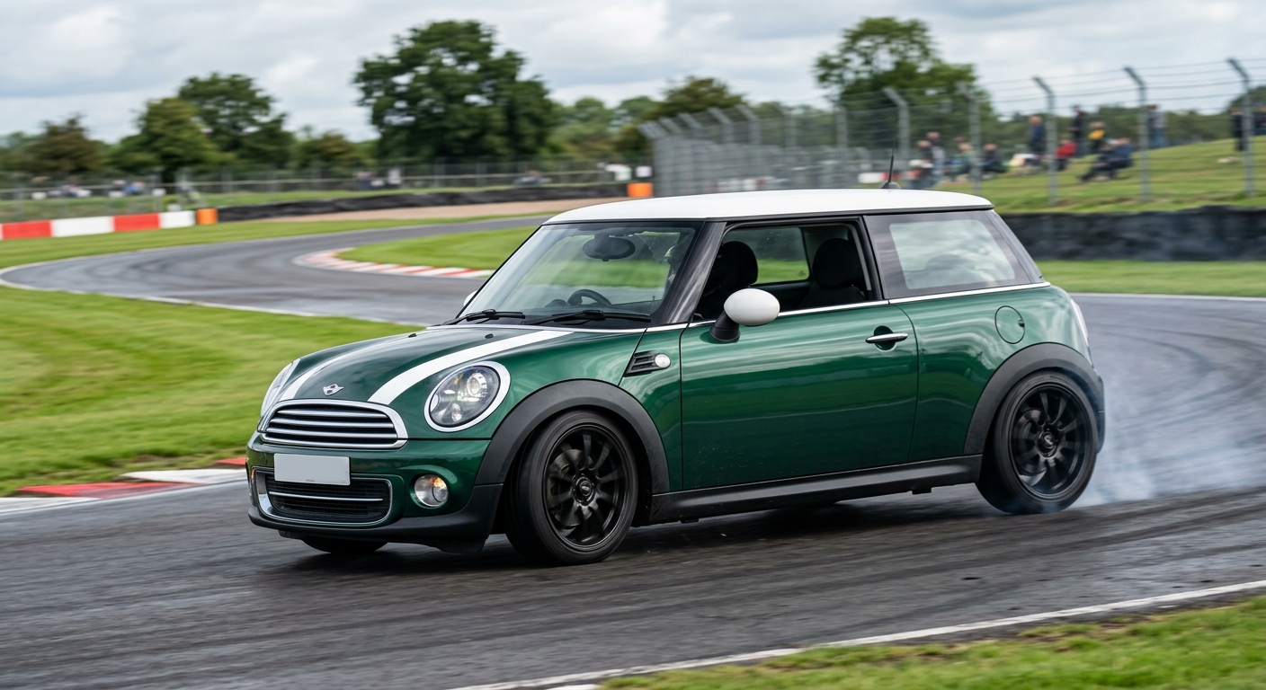 British Racing Green BMW-era Mini R56 hatch cornering on a British race circuit