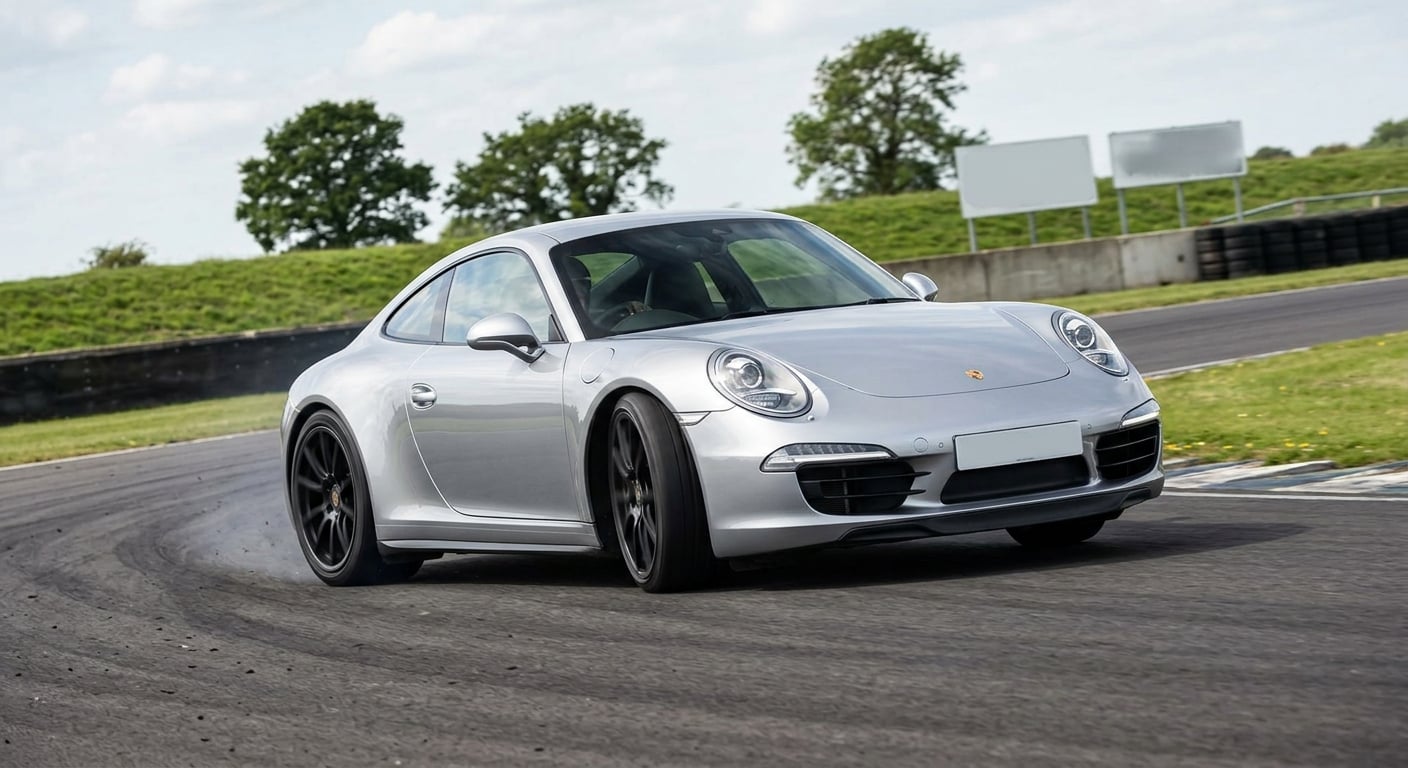Silver Porsche 911 991 generation coupe cornering on a British race circuit