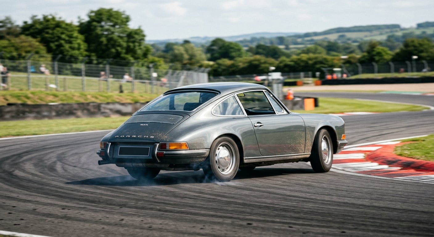 Slate grey Porsche 912 coupe cornering on a British race circuit