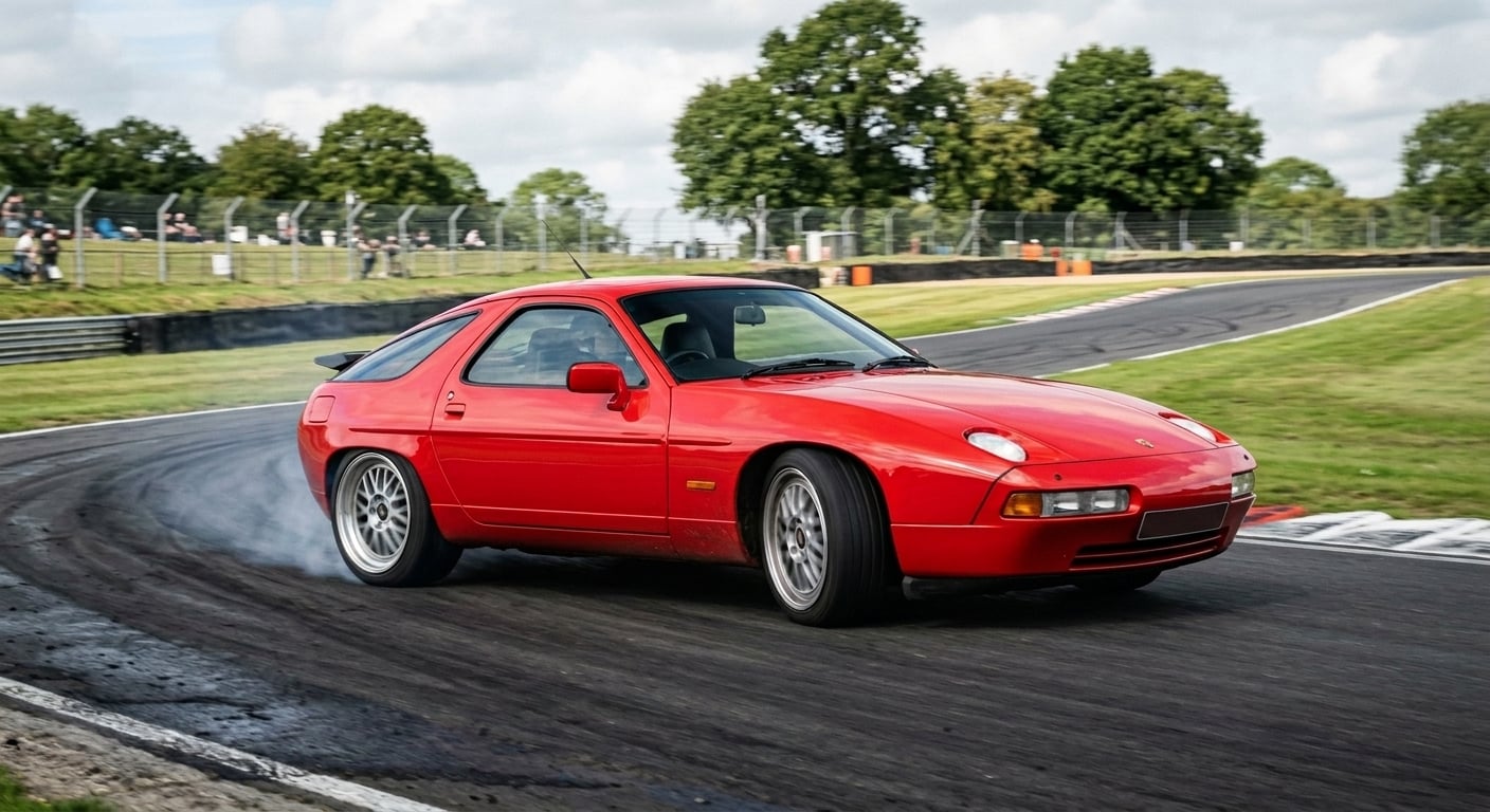 Red Porsche 928 coupe cornering on a British race circuit
