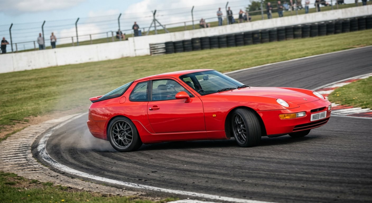 Red Porsche 968 coupe cornering on a British race circuit
