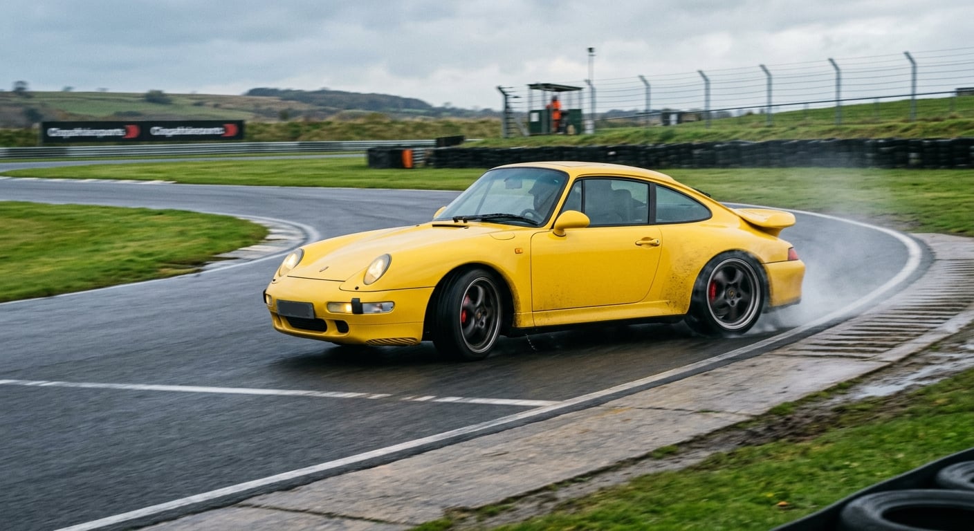 Speed Yellow Porsche 911 993 cornering on a British race circuit