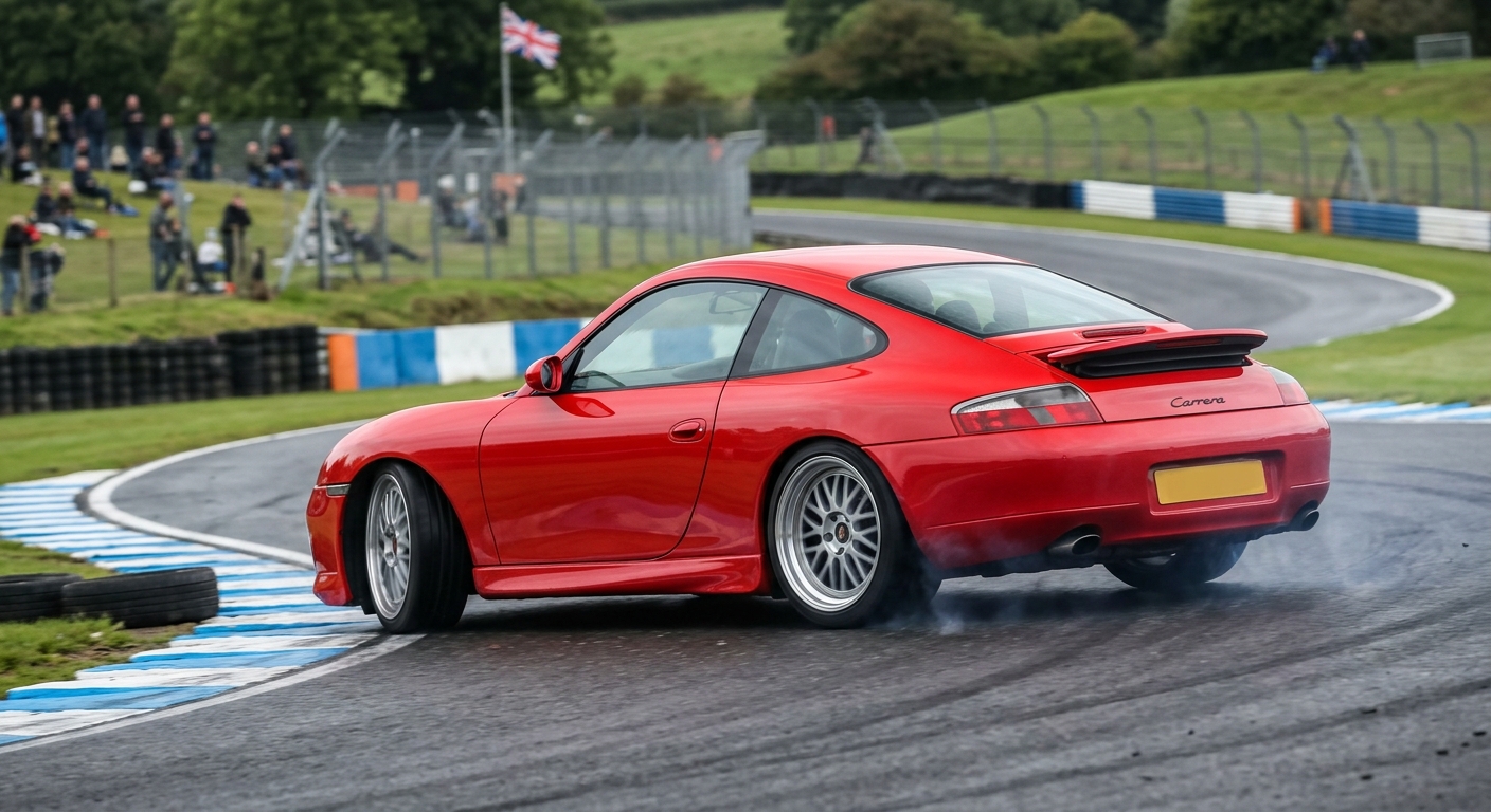 Red Porsche 996 generation 911 coupe cornering on a British race circuit