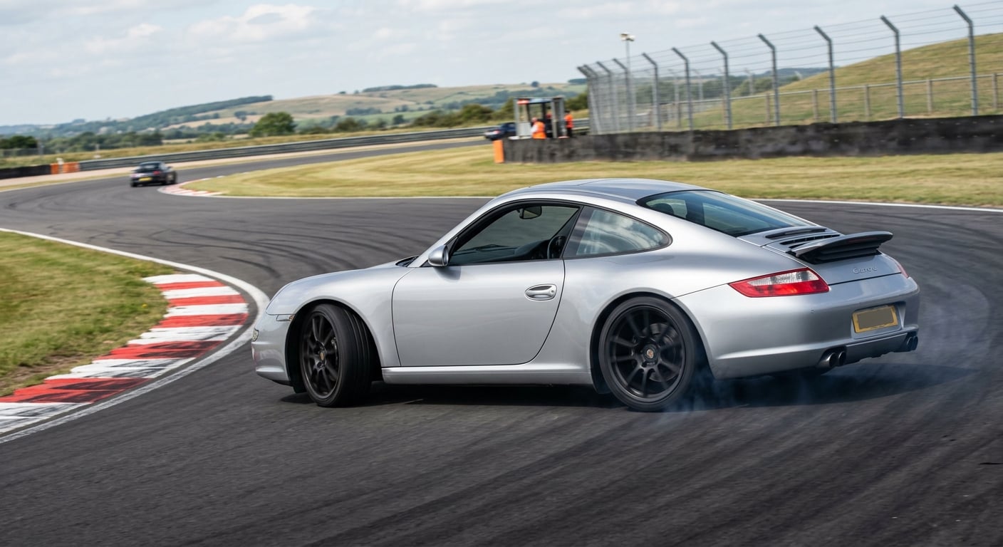 Silver Porsche 997 Carrera cornering on a British race circuit