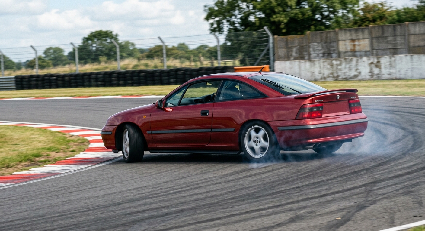 Deep red Vauxhall Calibra coupe cornering on a British race circuit