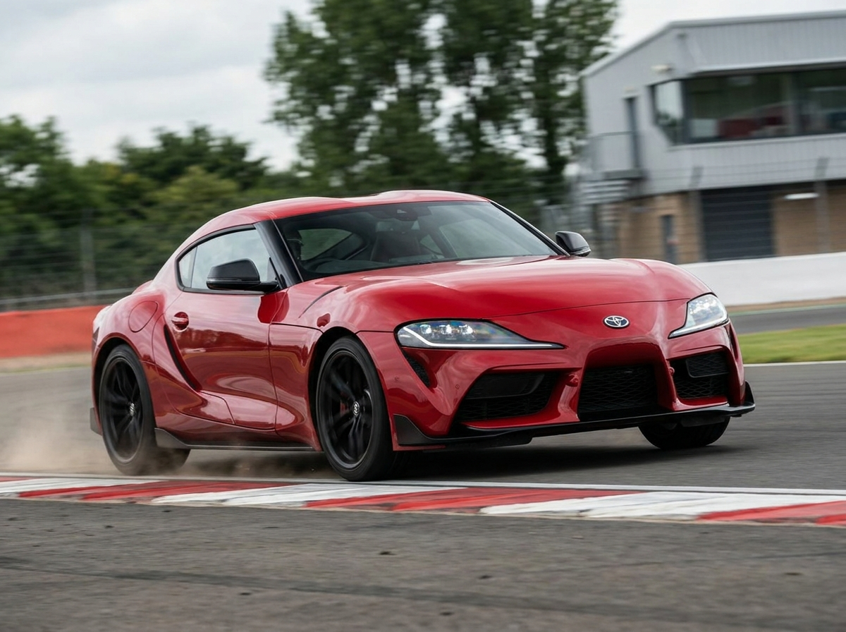 Red 2019 Toyota GR Supra A90 cornering on a British race circuit