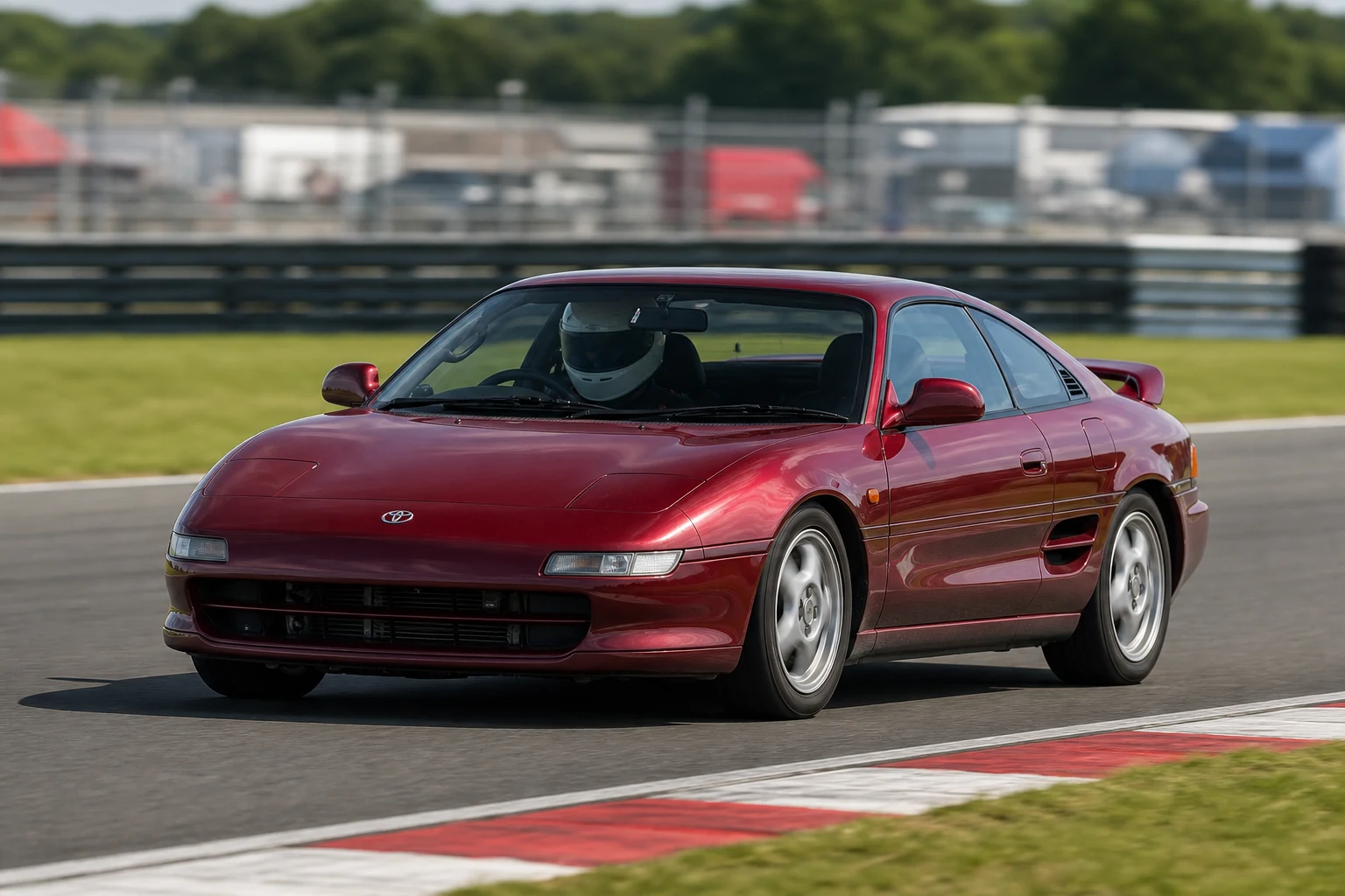 Toyota MR2 W20 on track with a helmeted driver