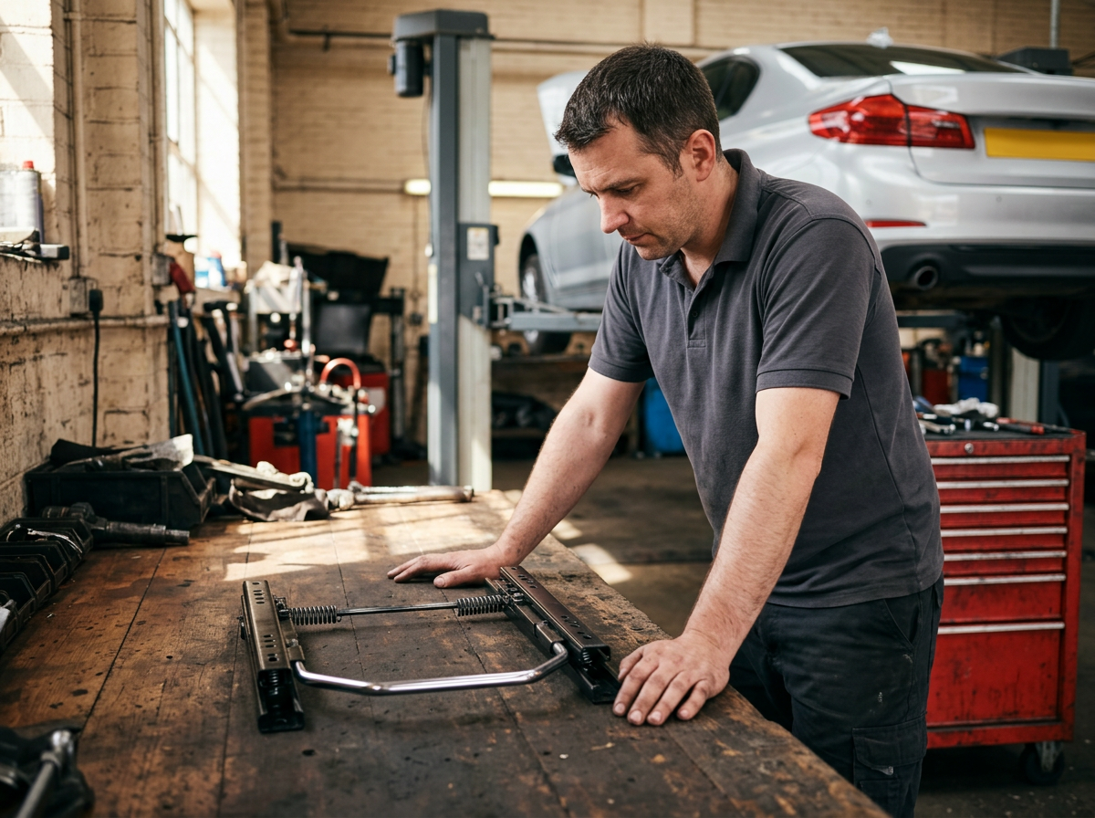 Technician studying a matched pair of steel seat sliding runners laid out on a workshop bench