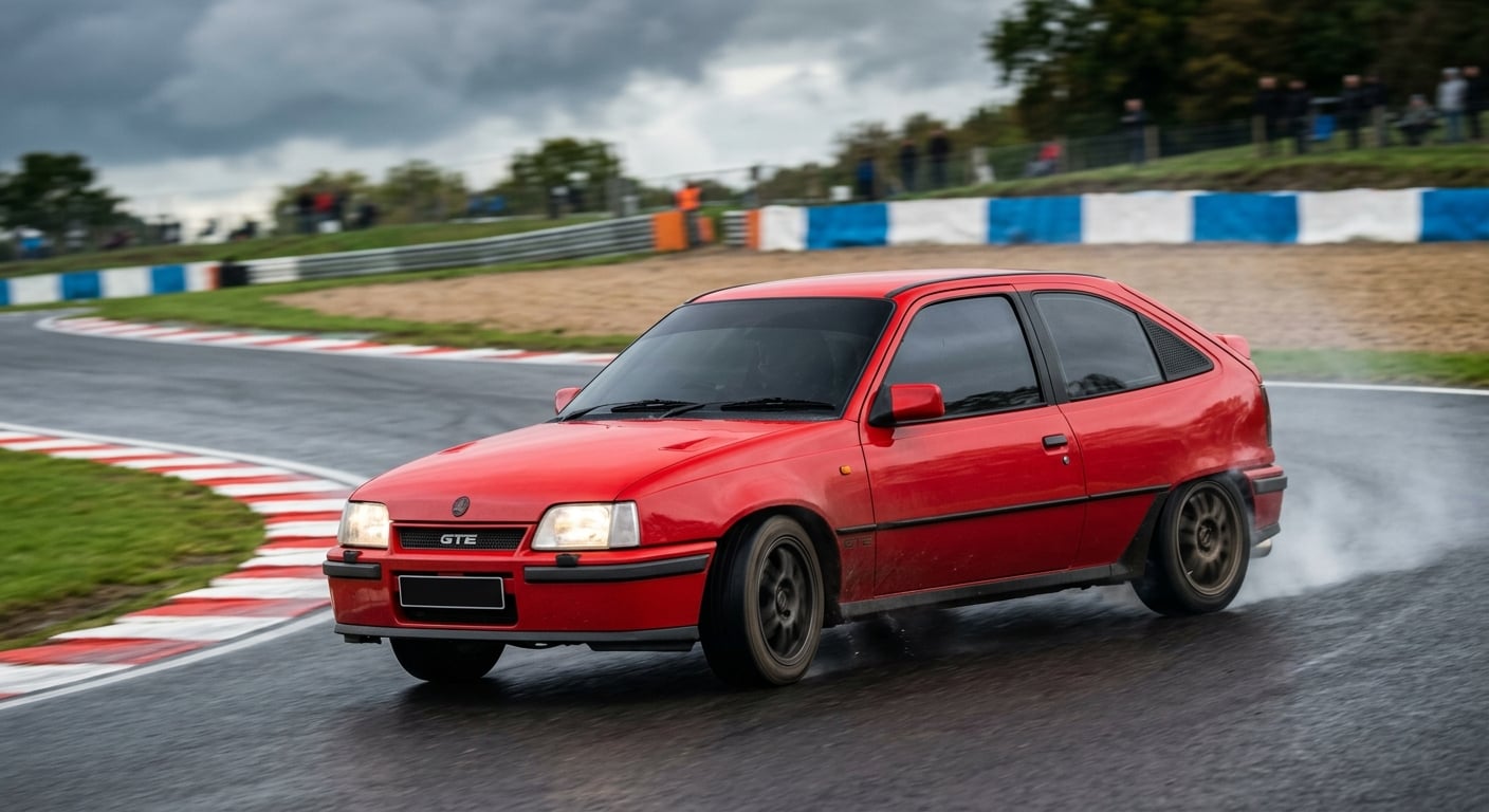 Red Vauxhall Astra Mk2 GTE cornering on a British race circuit