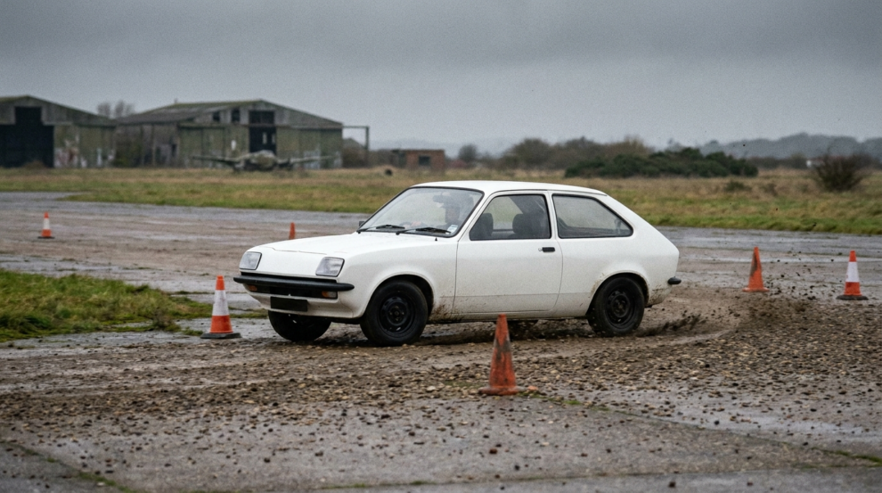 A plain white Vauxhall Chevette three door hatchback cornering between cones on a damp airfield single venue rally stage