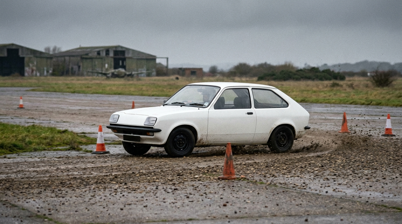 A plain white Vauxhall Chevette three door hatchback cornering between cones on a damp airfield single venue rally stage