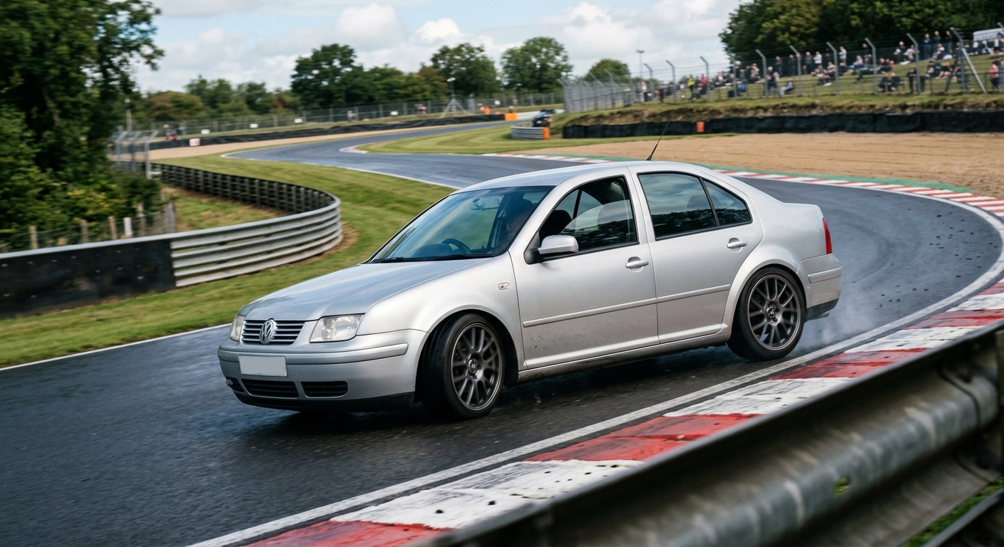 Silver Volkswagen Bora Mk4 saloon cornering on a British race circuit