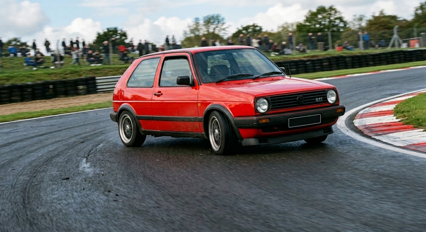 Red Volkswagen Golf Mk2 GTI hot hatch cornering on a British race circuit