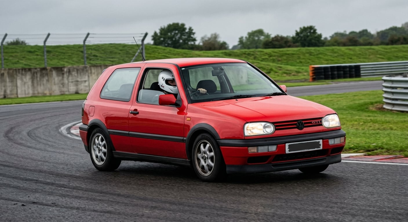 Red Volkswagen Golf Mk3 GTI hot hatch cornering on a British race circuit, helmeted driver visible