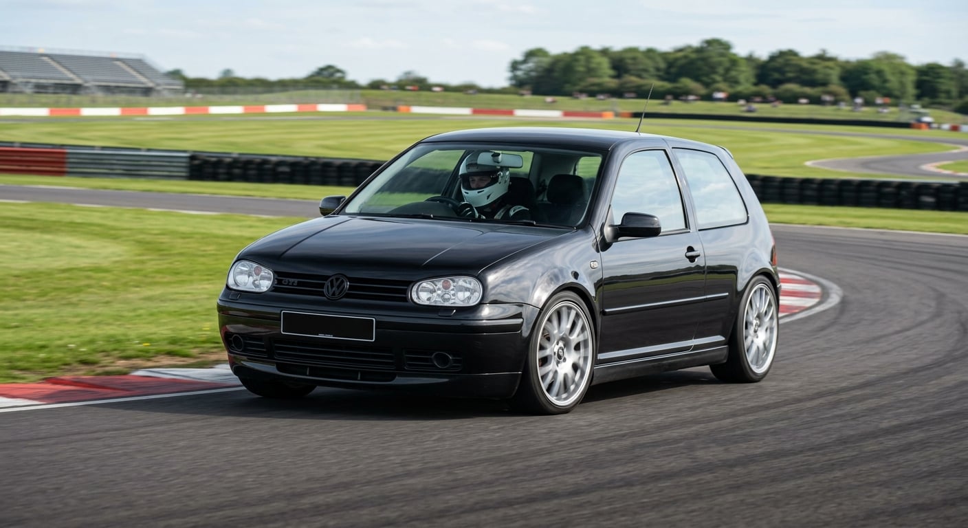 Black Volkswagen Golf Mk4 GTI cornering on a British race circuit
