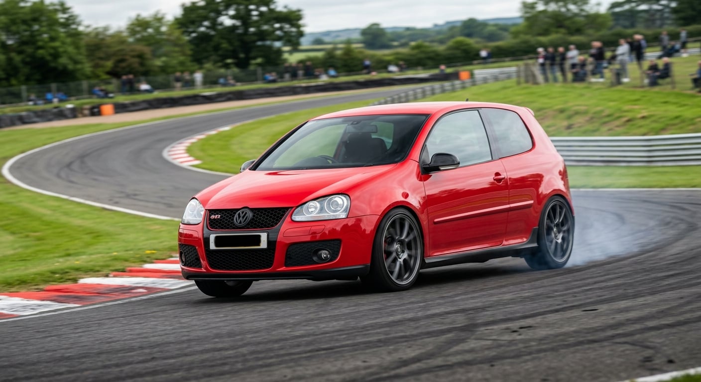 Red Volkswagen Golf Mk5 GTI hot hatch cornering on a British race circuit