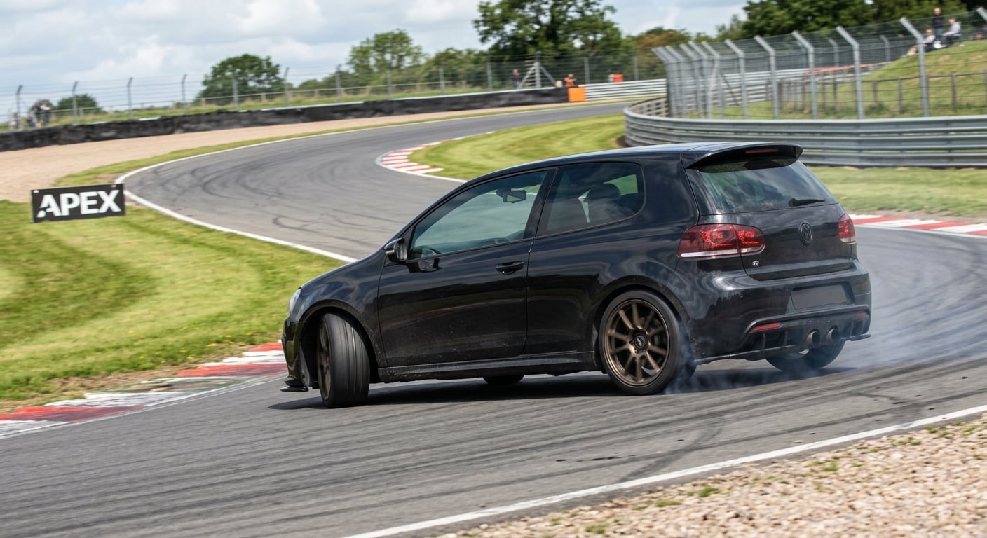Black Volkswagen Golf Mk6 R hot hatch cornering on a British race circuit