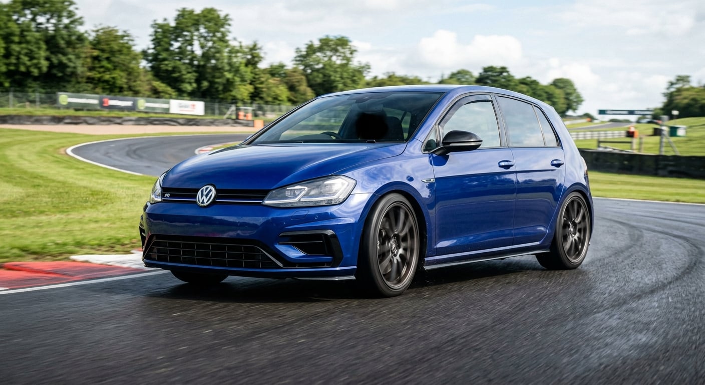 Blue Volkswagen Golf Mk7 R hot hatch cornering on a British race circuit