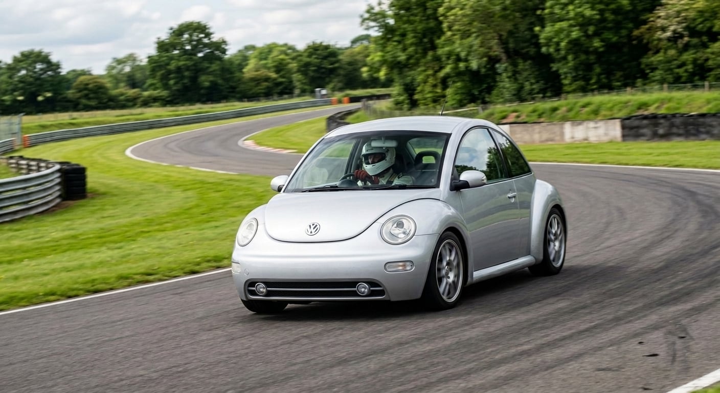Silver Volkswagen New Beetle cornering on a British race circuit