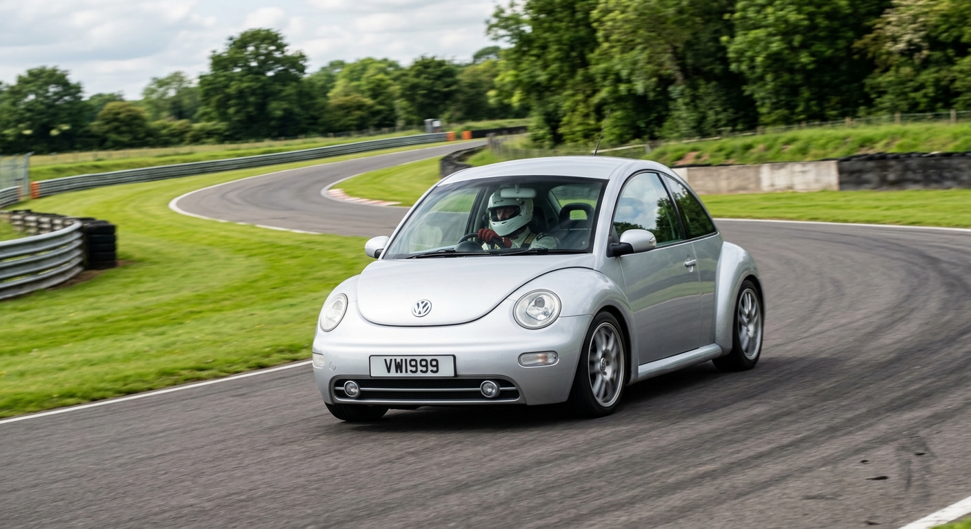 Silver Volkswagen New Beetle cornering on a British race circuit