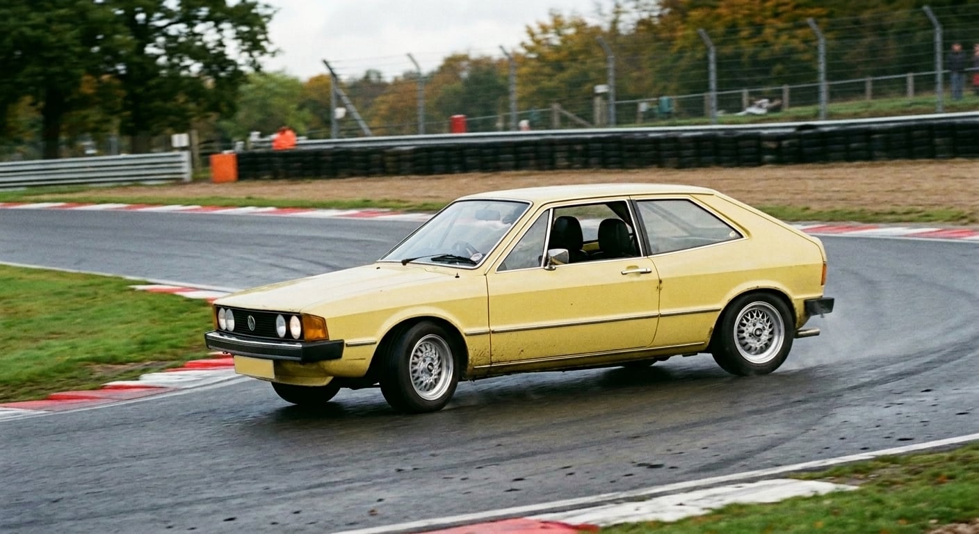 Pale yellow Volkswagen Scirocco MK1 cornering on a British race circuit