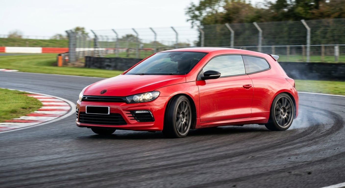 Red Volkswagen Scirocco MK3 cornering on a British race circuit