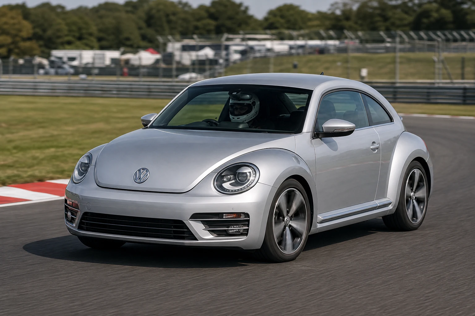 VW Beetle A5 on track with a helmeted driver