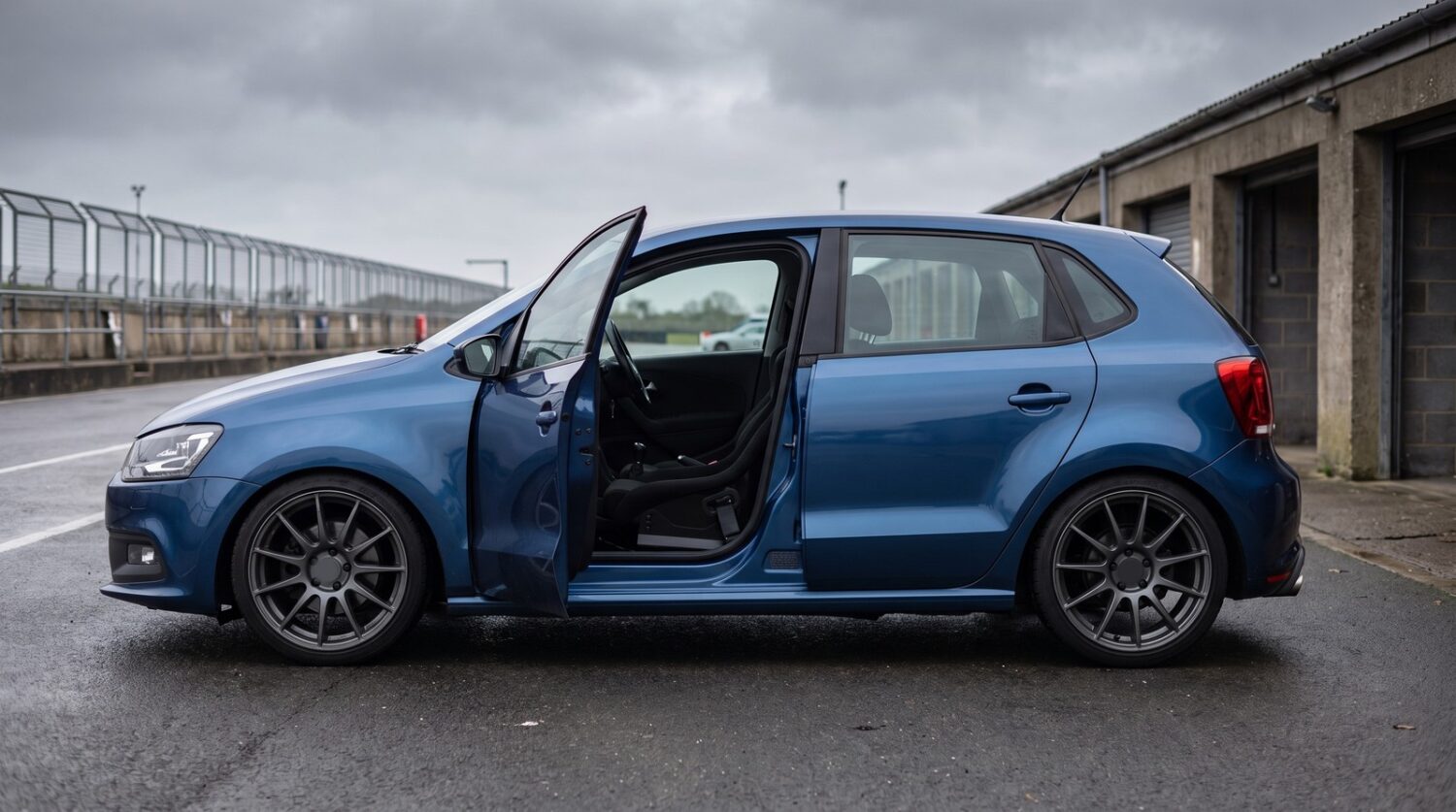 Blue 2014 VW Polo 6C parked in a circuit paddock with the driver door open showing a black bucket seat, standard rear bench still fitted and no roll cage