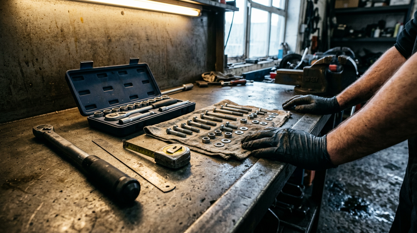 Torque wrench, socket set, steel rule and a row of mounting bolts, nuts and washers laid out on a workshop bench