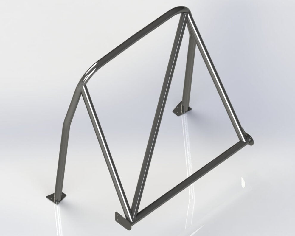 Drawing of a Custom Cages BMW E46 rear half roll cage showing the main hoop and rear stays