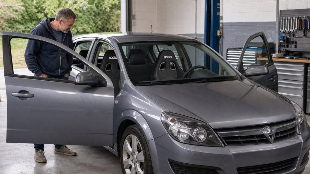 2007 Vauxhall Astra H five-door with a pair of black Sparco R500 reclining seats installed, in a specialist workshop