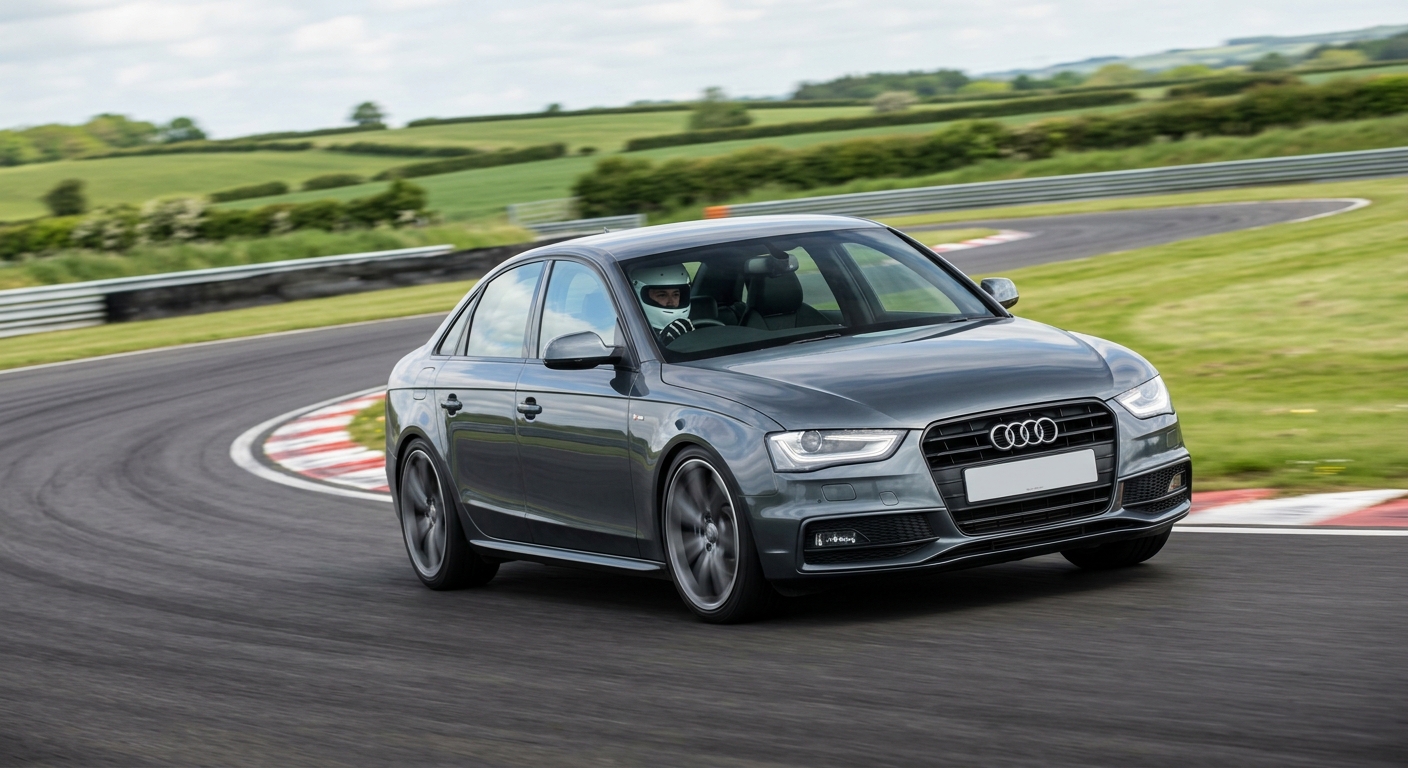 Audi A4 B8 saloon cornering on a British race circuit with a helmeted driver visible at the wheel