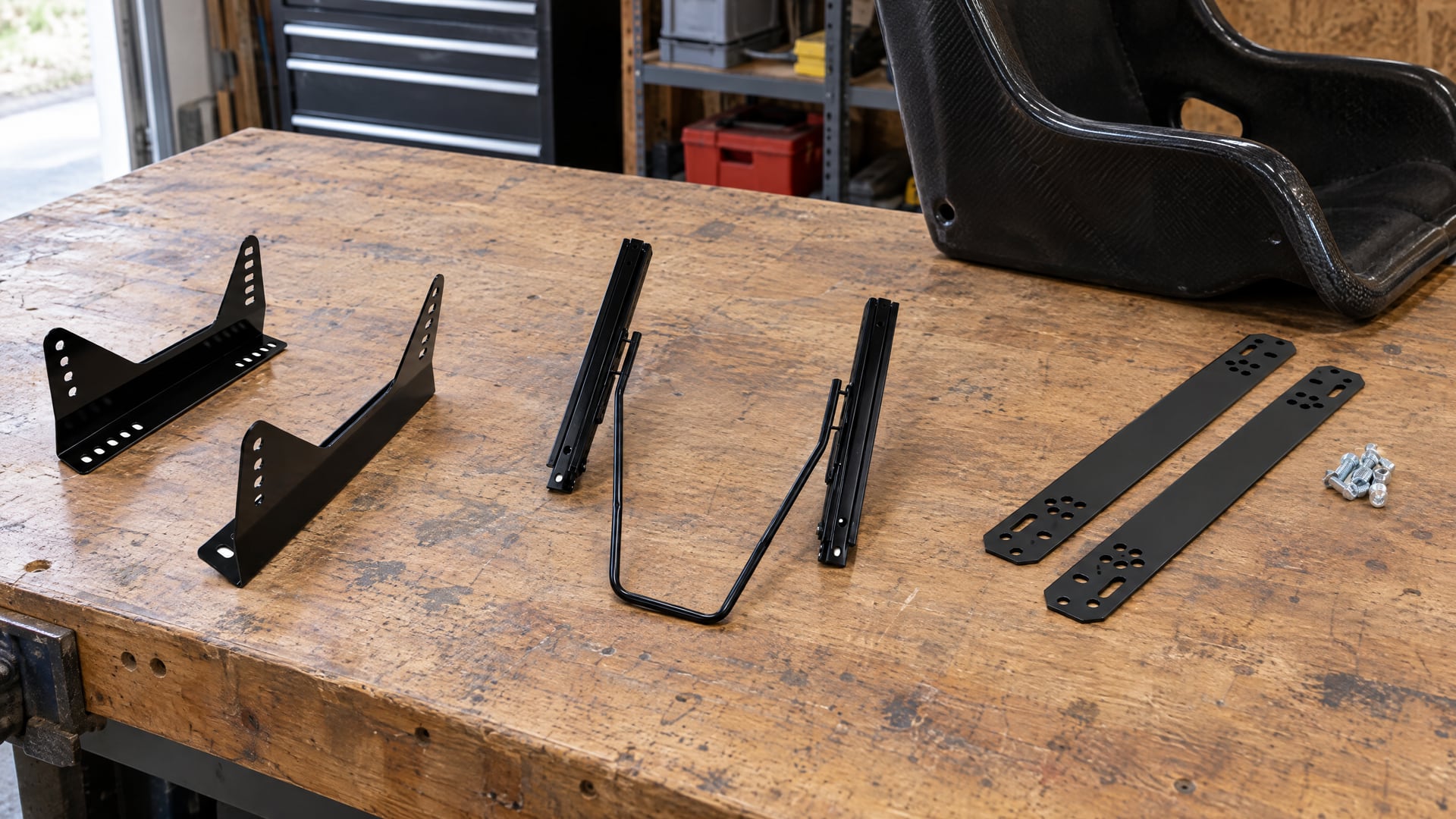 Bucket seat mounting hardware from the SportSeats4u range: steel side mounts, a Sparco sliding runner kit and Corbeau to Sparco adaption bars