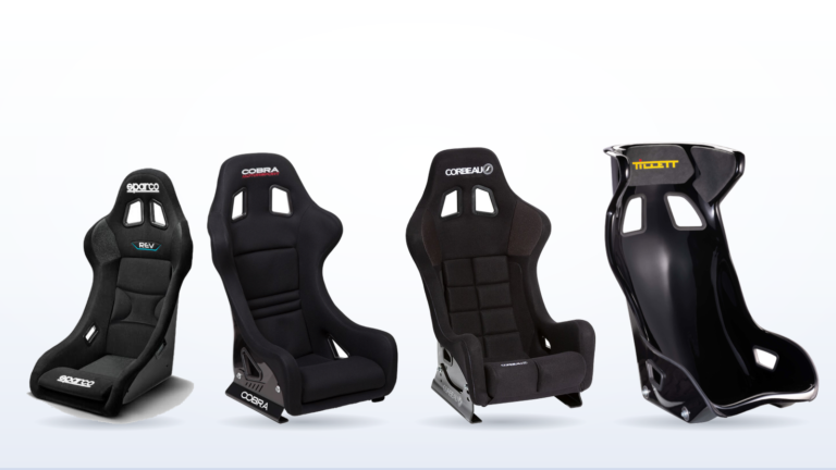 Four FIA 8855-1999 bucket seats side by side, left to right the Sparco Rev QRT, the Cobra Suzuka T Pro-Fit, the Corbeau Pro Series X System 1 and the Tillett C1