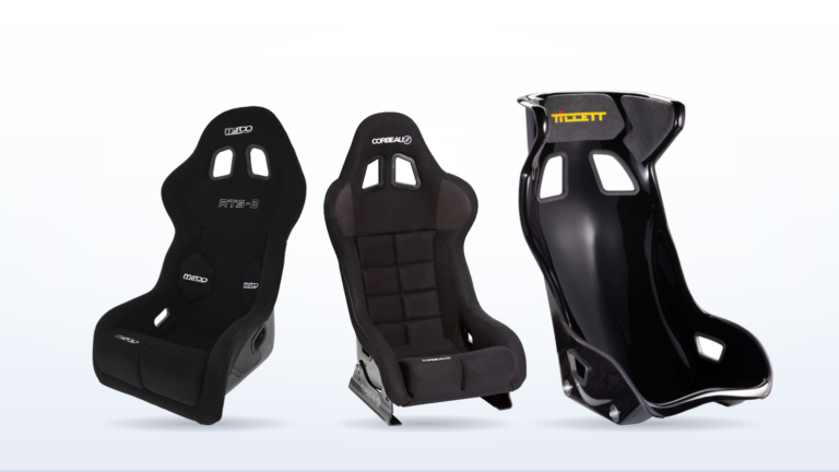 Three FIA 8855-1999 bucket seats side by side, left to right the Mirco RTS-2 Velour, the Corbeau RXC X System 1 and the Tillett C1 with its side impact head support wings