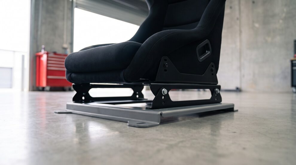 Black fixed back bucket seat on a steel sub-frame, lifted on an OMP three hole spacer rail between the sub-frame and its side mount, on a workshop floor