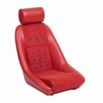 Cobra GT3 Historic Red Edition fixed back bucket seat in red vinyl with red corduroy centre panels and anthracite eyelets, shown from the front three quarter with the headrest fitted